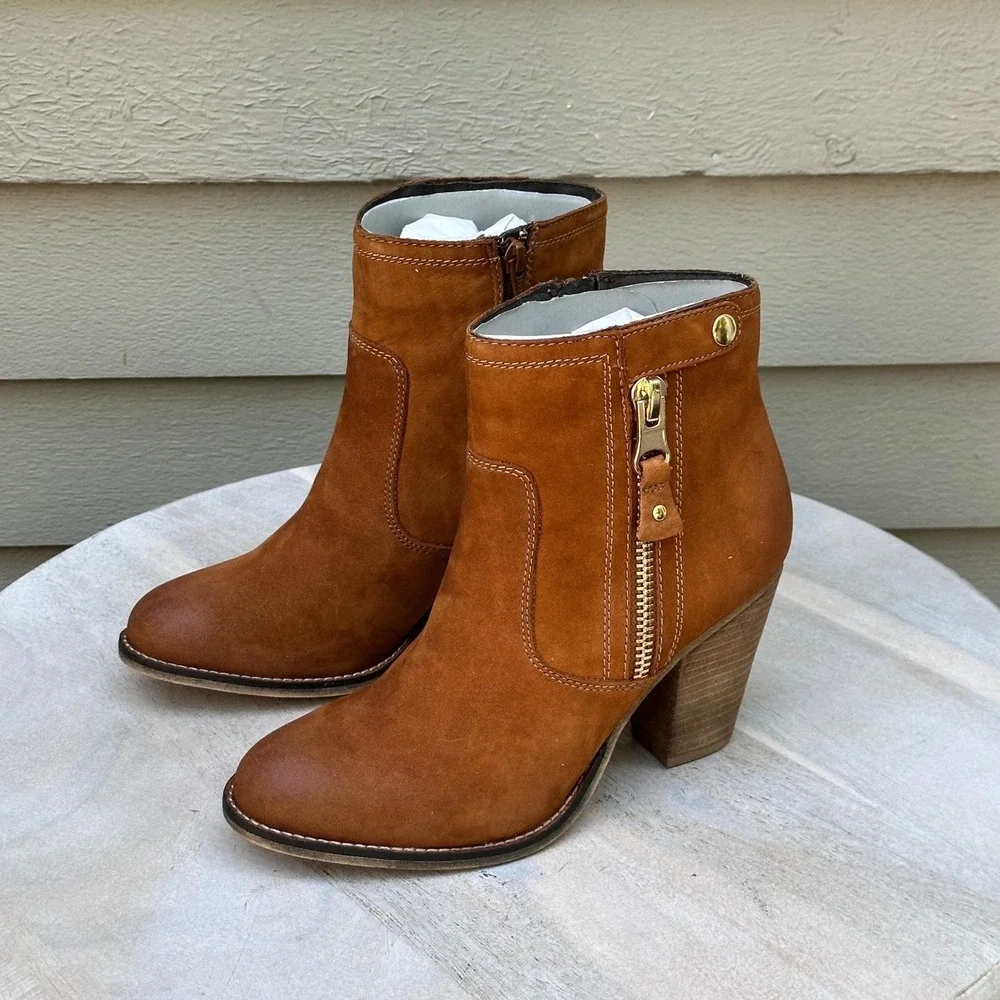 Aldo Olenalla Cognac Brown Leather Ankle Boots Block Heel Gold Zip Women 8.5 39 - Picture 2 of 14